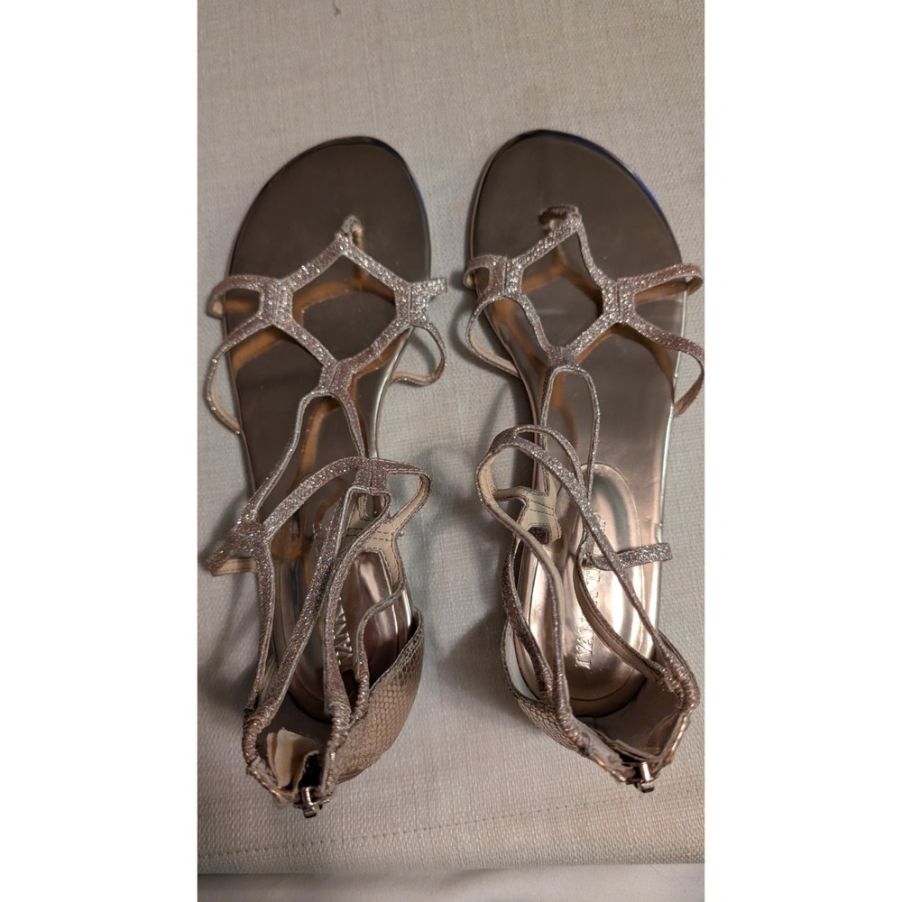 Women's Ivanka Trump Gold Sparkle Sandals Size 9 with back zipper Flat Heels